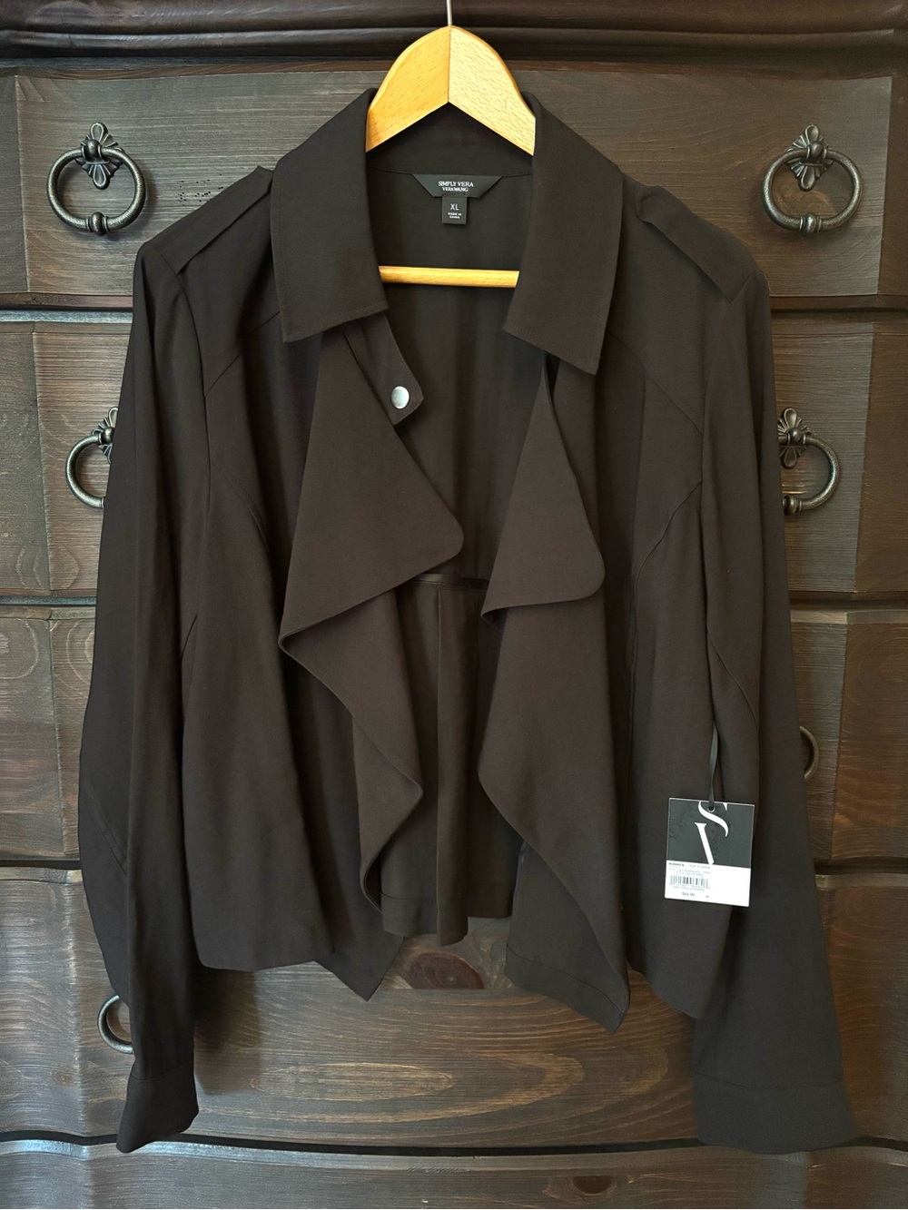 Simply Vera, NWT Vera Wang Open Front Draped Jacket Blazer, Black, XL